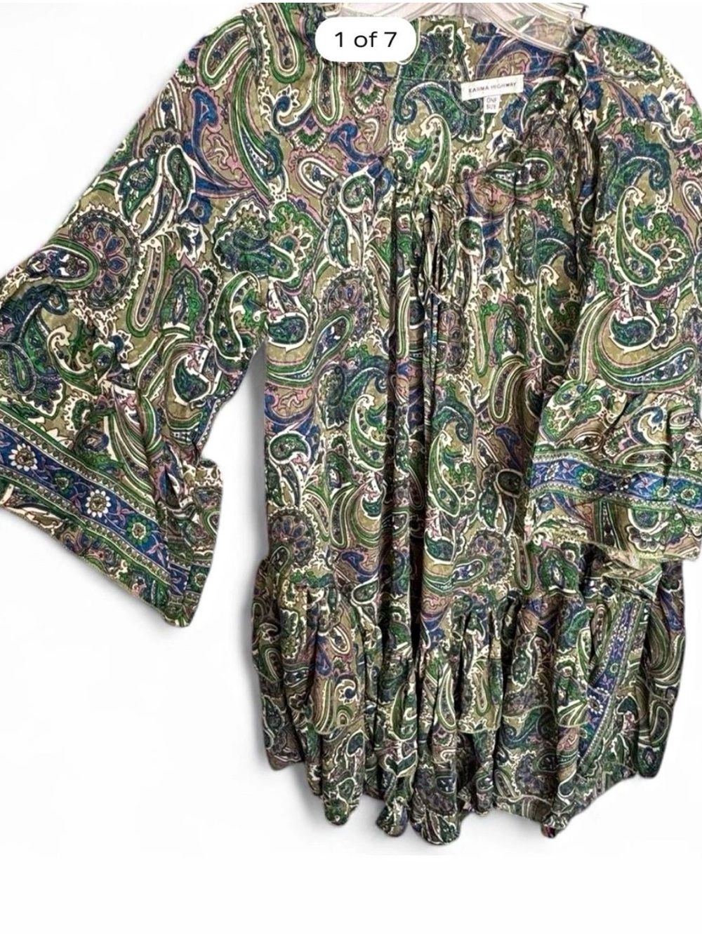 Karma Highway Boho Green Paisley Dress/Peasant Tunic with Blue & Purple Accents